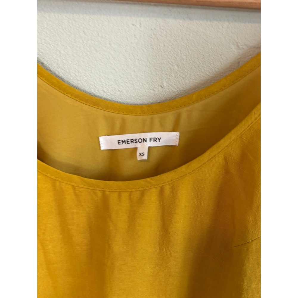 Emerson Fry Midi Sun Dress Mustard Yellow XS Linen Blend‎ Tie Strap Pockets Boho - Picture 3 of 9